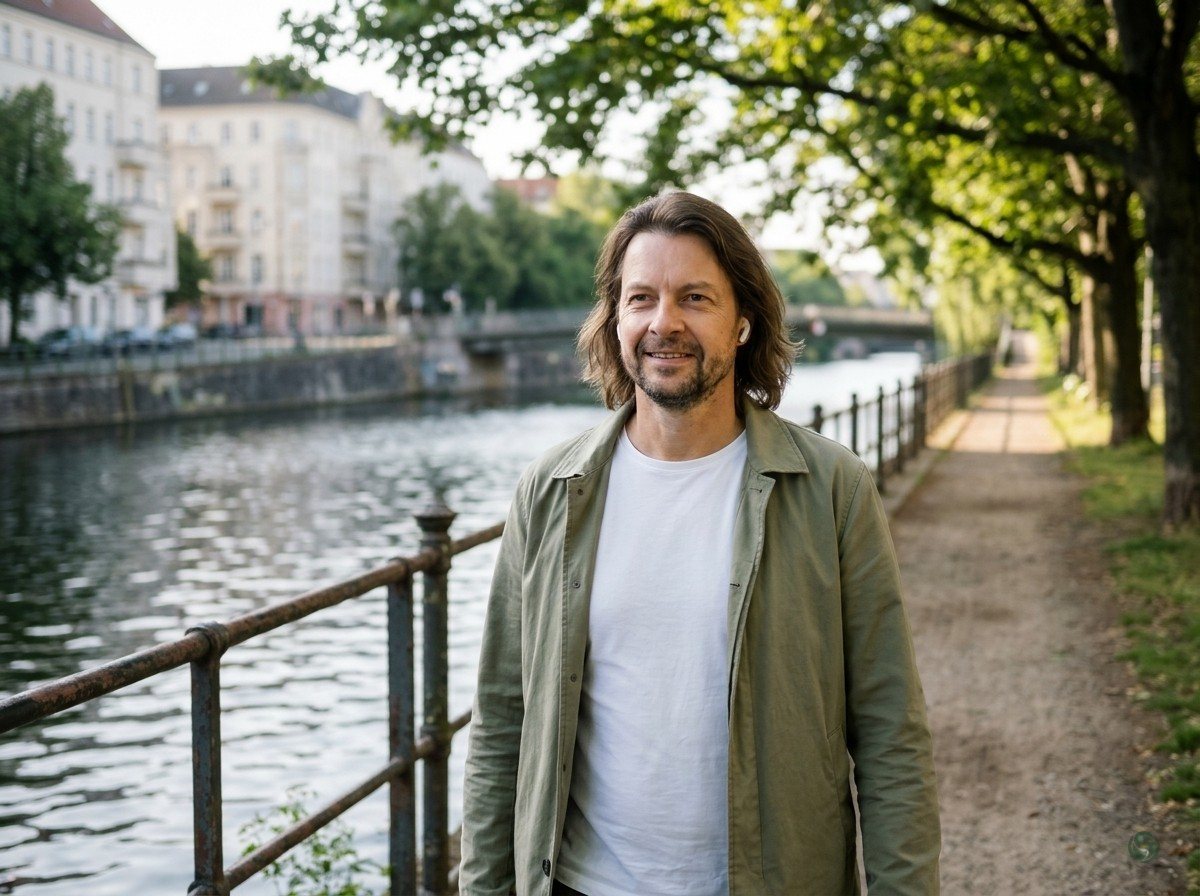 KI-generiert: Maik Marx geht mit Kopfhörern an einem Kanal in Berlin entlang, morgens, leichte Jacke