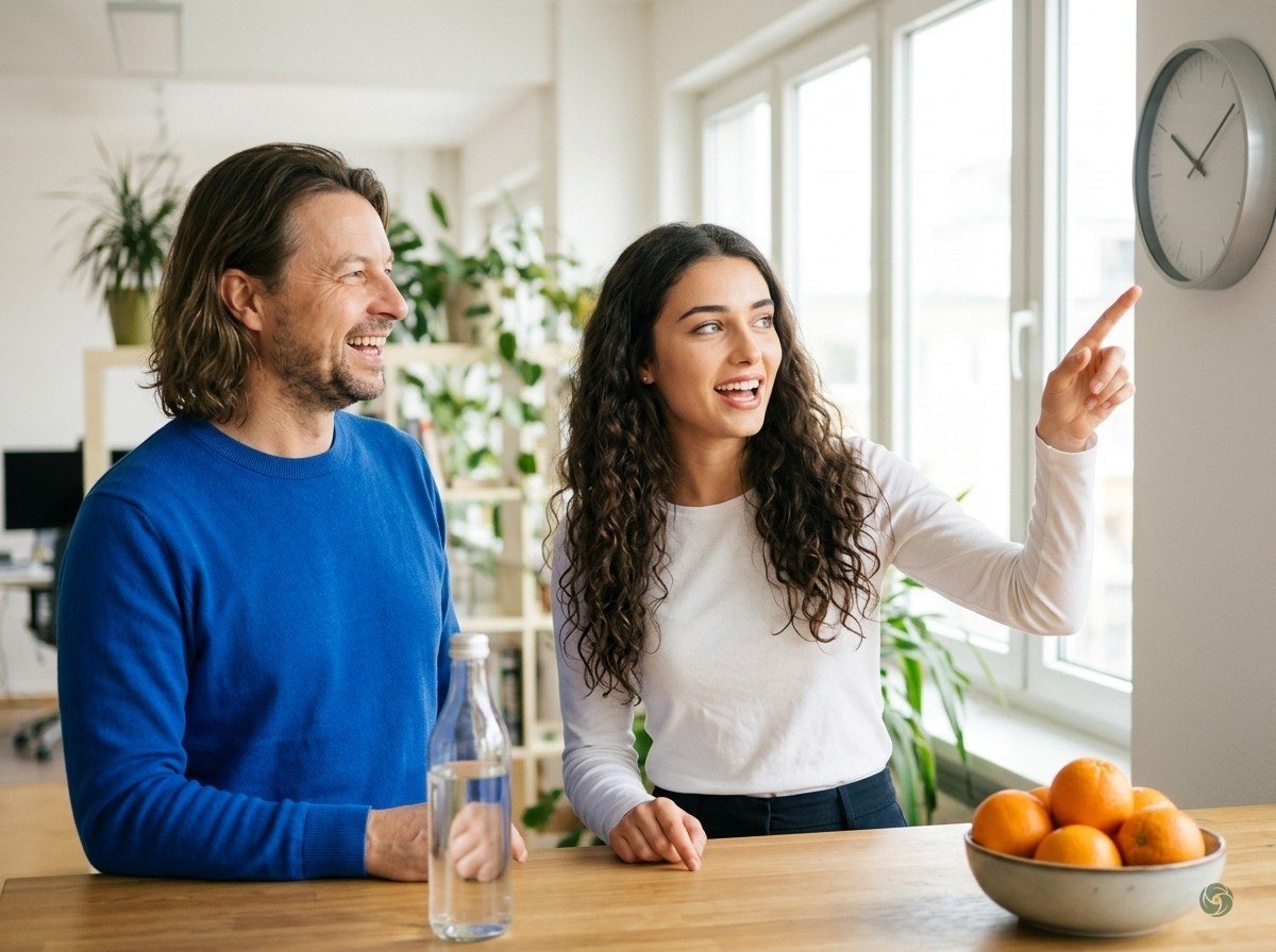 KI-generiert: Maik Marx und Lia stehen in einem hellen Büro, sie zeigt auf eine Uhr an der Wand, beide lachen, auf dem Tisch Wasser und Obst