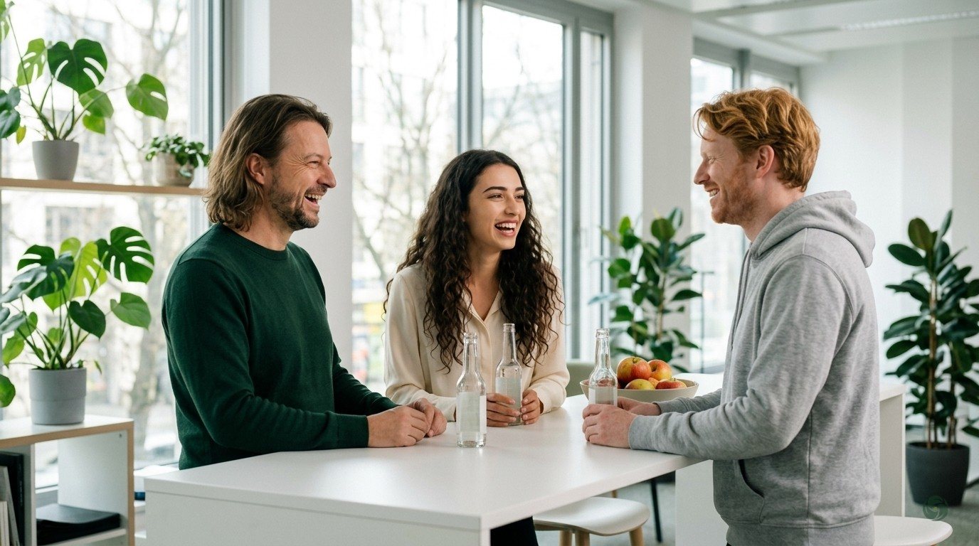 KI-generiert: Maik Marx steht mit Lia und Theo an einem hohen Tisch im hellen Büro, alle drei lachen, auf dem Tisch Wasserflaschen und Obst