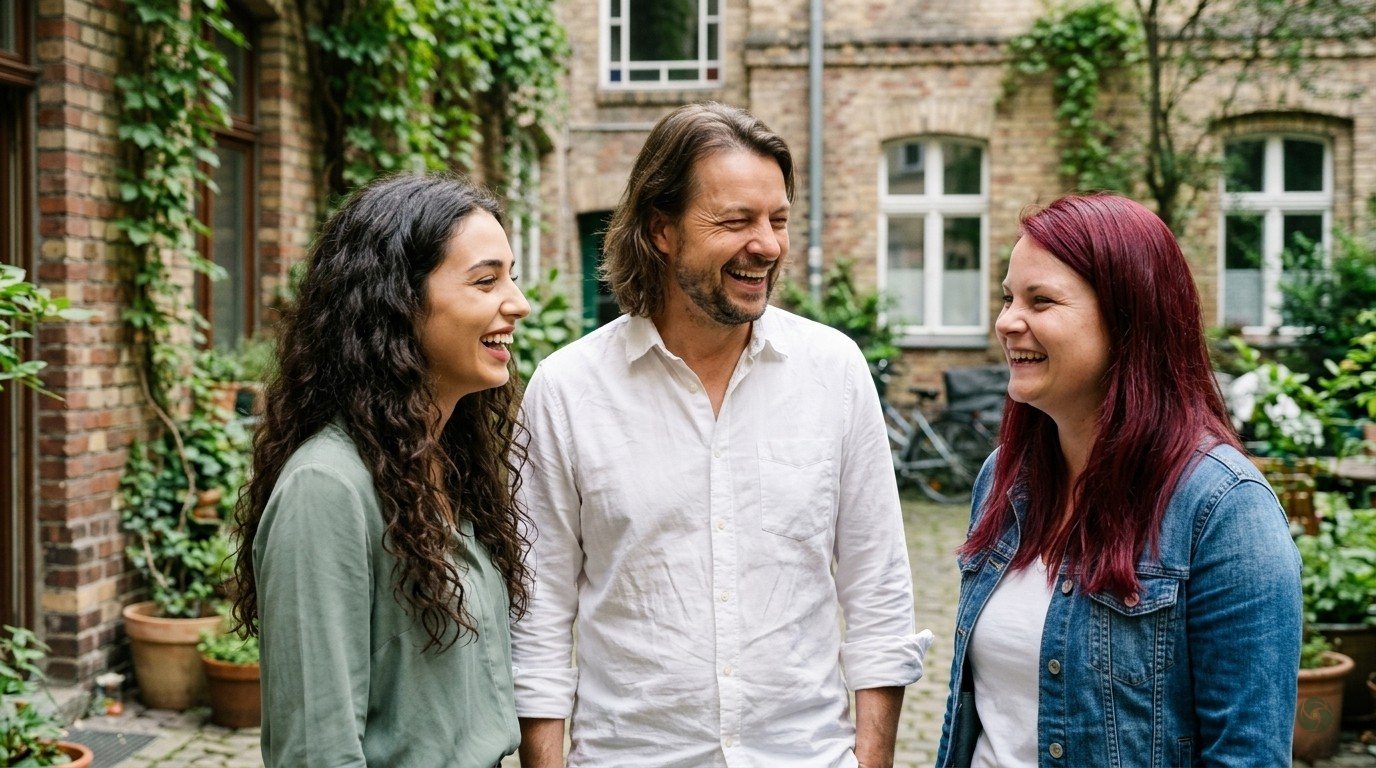 KI-generiert: Maik Marx, Lia, Nicole, Theo und Elin stehen in einem hellen Berliner Hinterhof zusammen und lachen, lockere Alltagskleidung