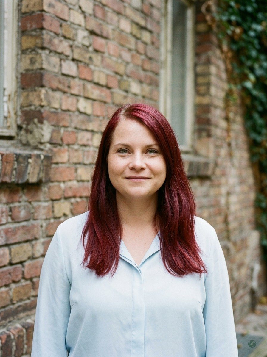 KI-generiert: Nicole steht in einem Berliner Hinterhof vor einer Backsteinwand, lächelt, trägt eine helle Bluse