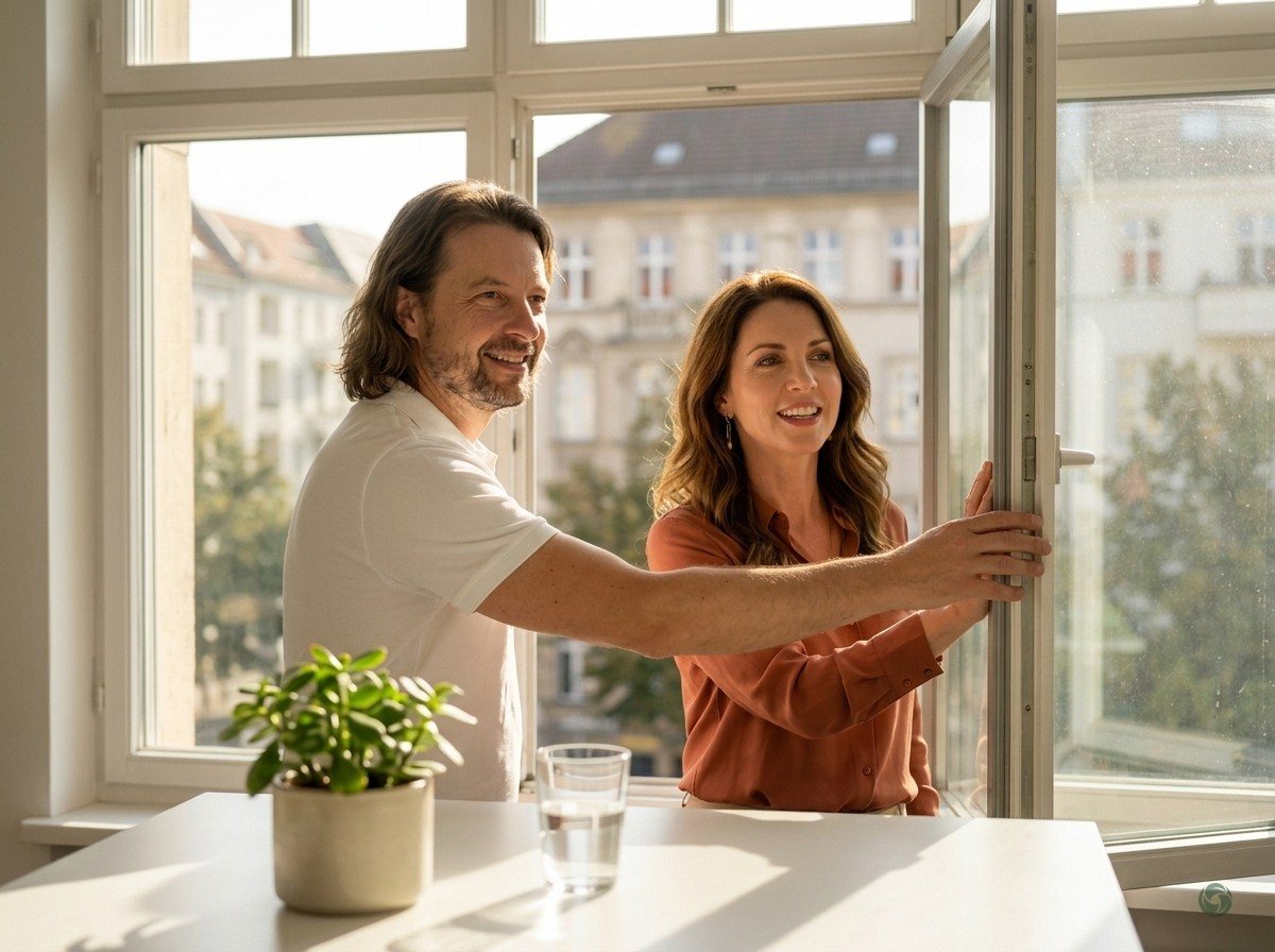 KI-generiert: Elin und Maik Marx öffnen in einem hellen Berliner Büro das Fenster, Sonnenlicht fällt auf den Schreibtisch mit Pflanze und Wasserglas