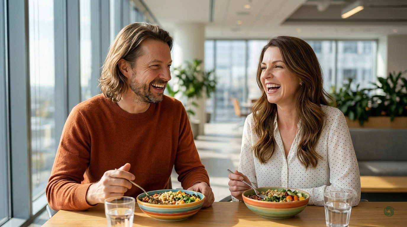 KI-generiert: Maik Marx isst mit Elin an einem Fensterplatz im Büro zu Mittag, auf dem Tisch zwei bunte Bowls und Wasser, beide lachen