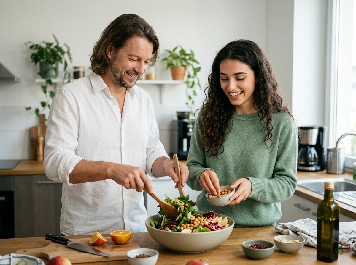 KI-generiert: Lia und Maik Marx bereiten in einer hellen Büroküche eine Schale mit Salat, Kichererbsen und Obst zu, sie in einem grünen Pullover, er in einem weißen Hemd