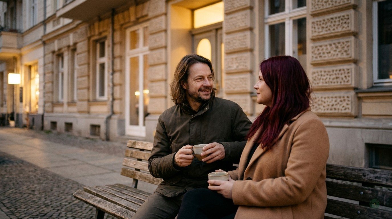 KI-generiert: Nicole und Maik Marx sitzen abends mit Tee auf einer Bank vor einem Berliner Altbau, warmes Licht, beide entspannt