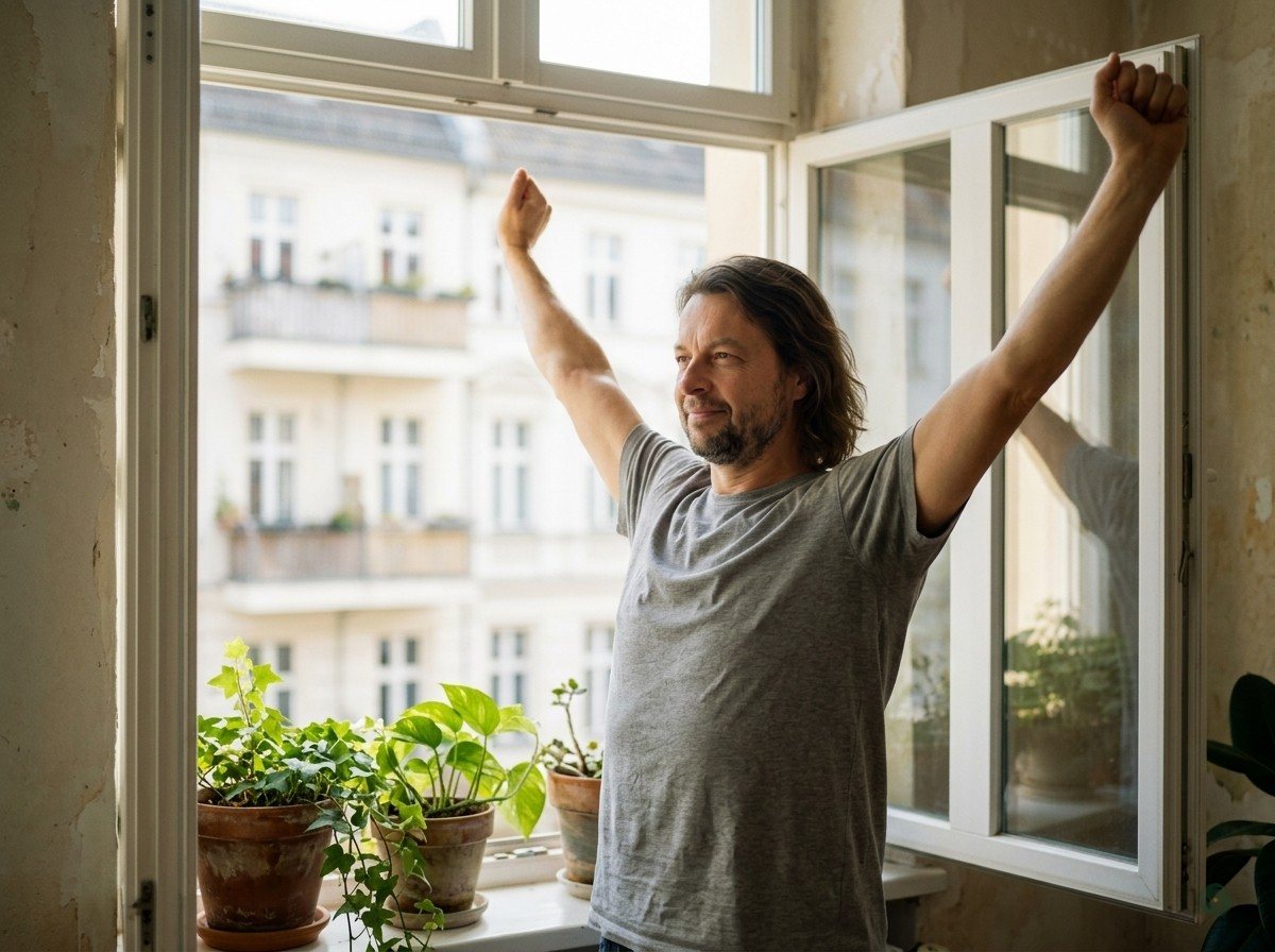 KI-generiert: Maik Marx steht morgens am offenen Fenster einer Berliner Wohnung, dehnt sich im hellen Licht, trägt ein graues T-Shirt