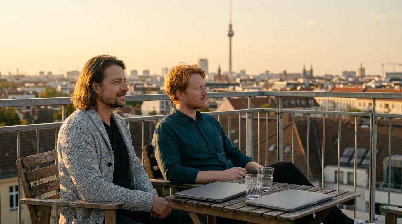 KI-generiert: Theo und Maik Marx sitzen auf einer Dachterrasse in Berlin, Laptops zugeklappt, schauen in die Ferne, Abendlicht