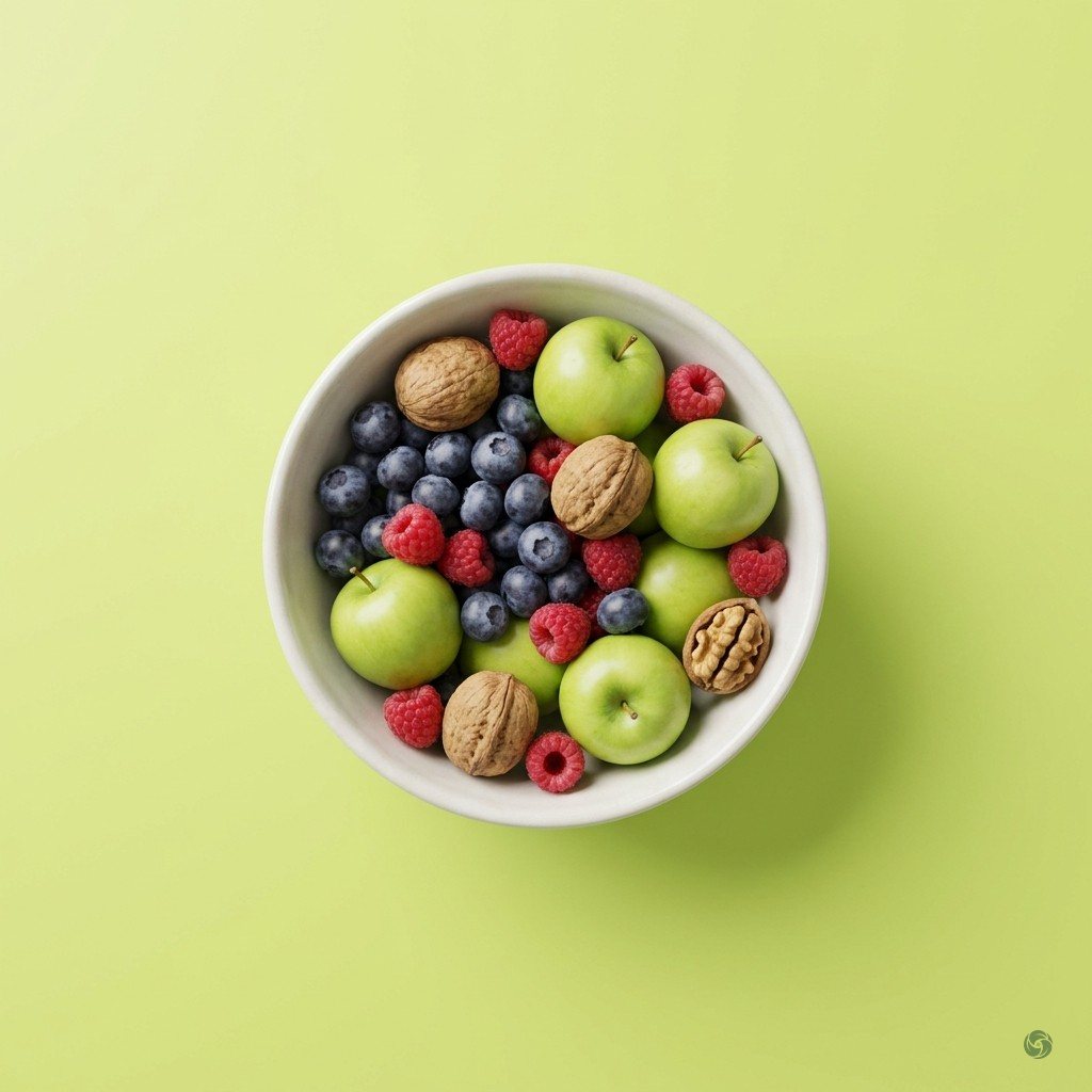 KI-generiert: Eine Schale mit Äpfeln, Beeren und Nüssen auf limettengrünem Grund